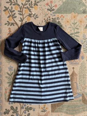Hanna Andersson Navy and Light Blue Striped Long-Sleeve Dress 120